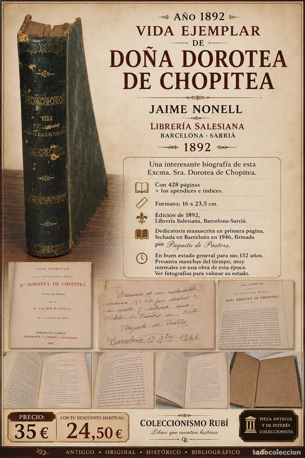 Libros antiguos: A&Ntilde;O 1892 !! VIDA EJEMPLAR DE DO&Ntilde;A DOROTEA DE CHOPITEA / JAIME NONELL / LIBRER&Iacute;A SALESIANA
