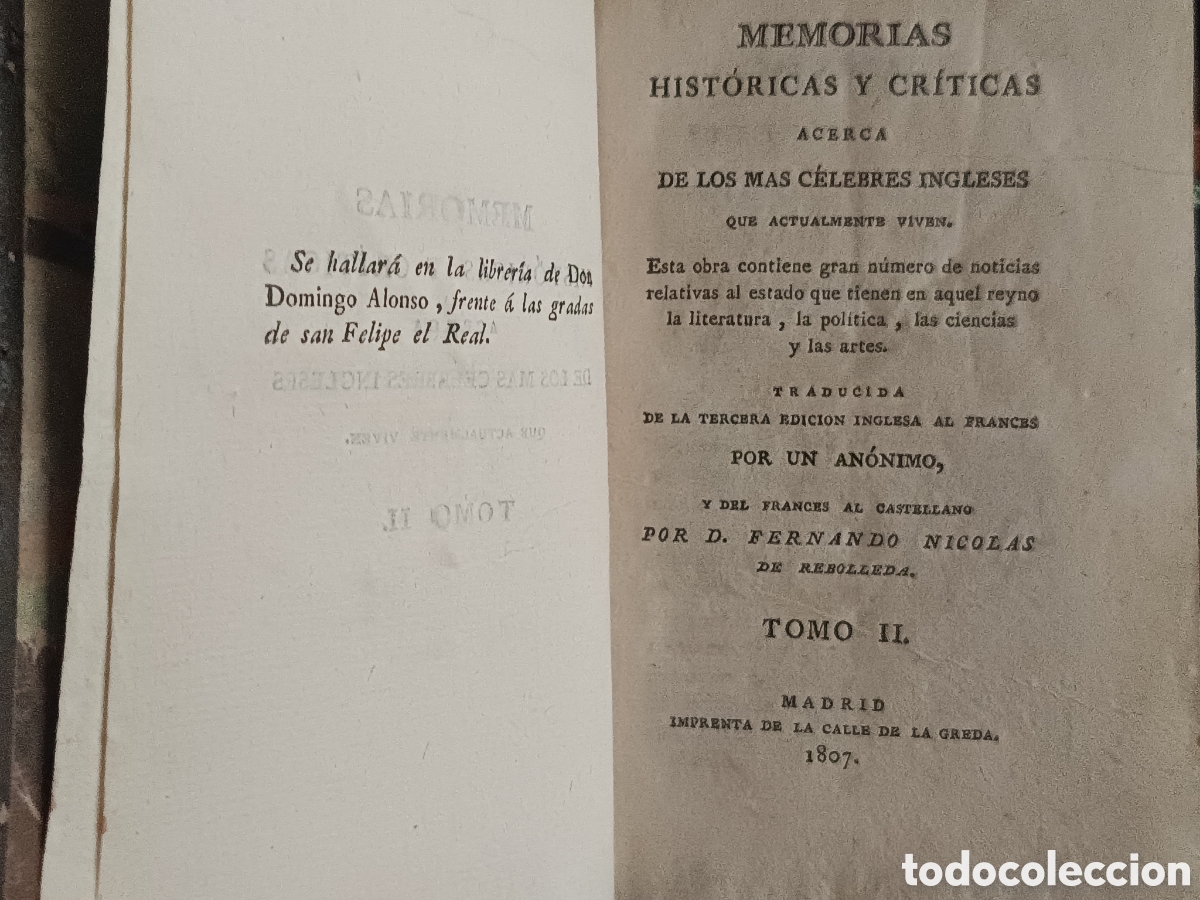 Libros antiguos: 1807. MEMORIAS C&Eacute;LEBRES INGLESES. F.N. REBOLLEDA. TOMO II. PIEL DE &Eacute;POCA. IMP. CALLE DE LA GREDA.