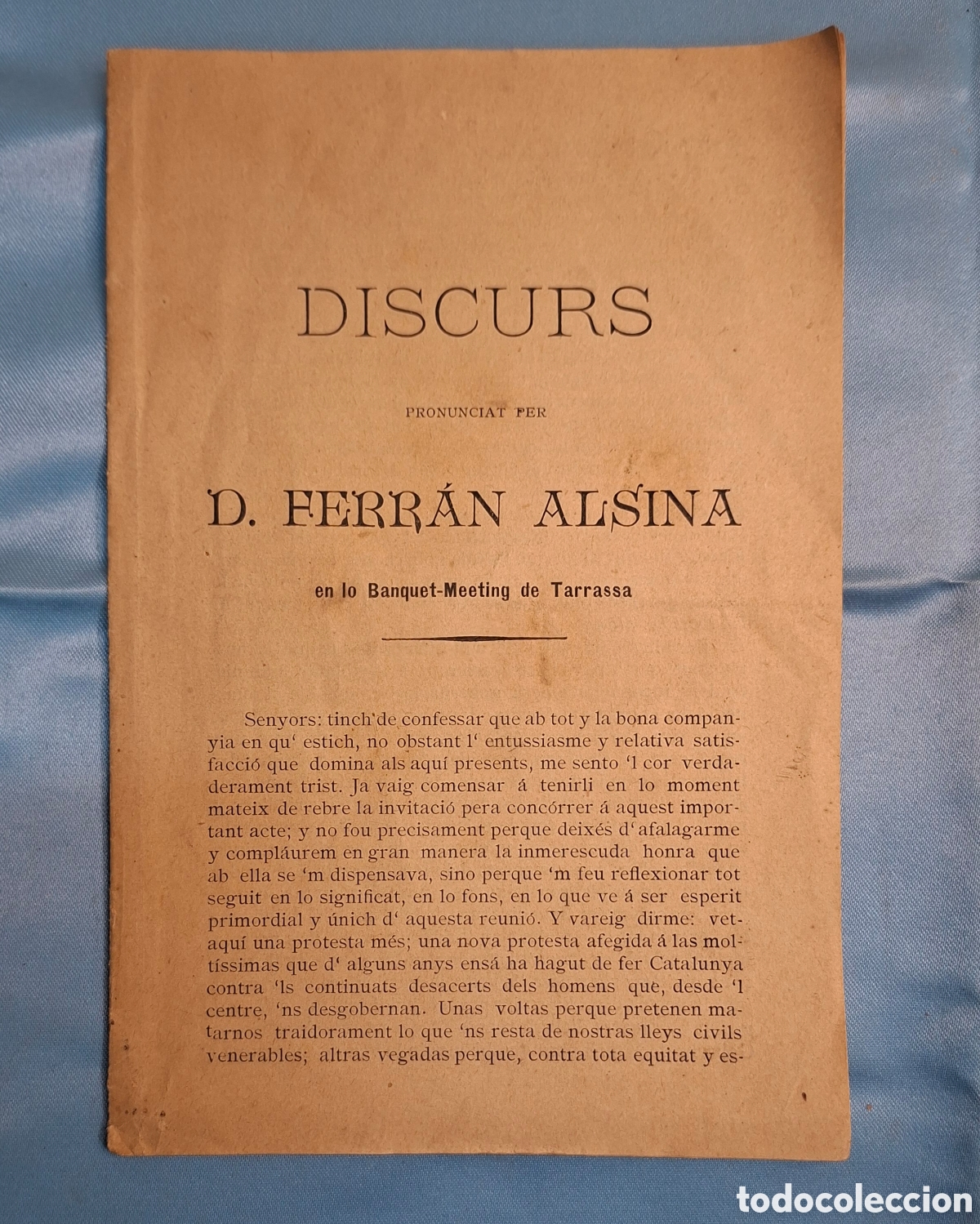 Libros antiguos: Discurs pronunciat per D. Ferr&aacute;n Alsina en lo Banquet-Meeting de Tarrassa.