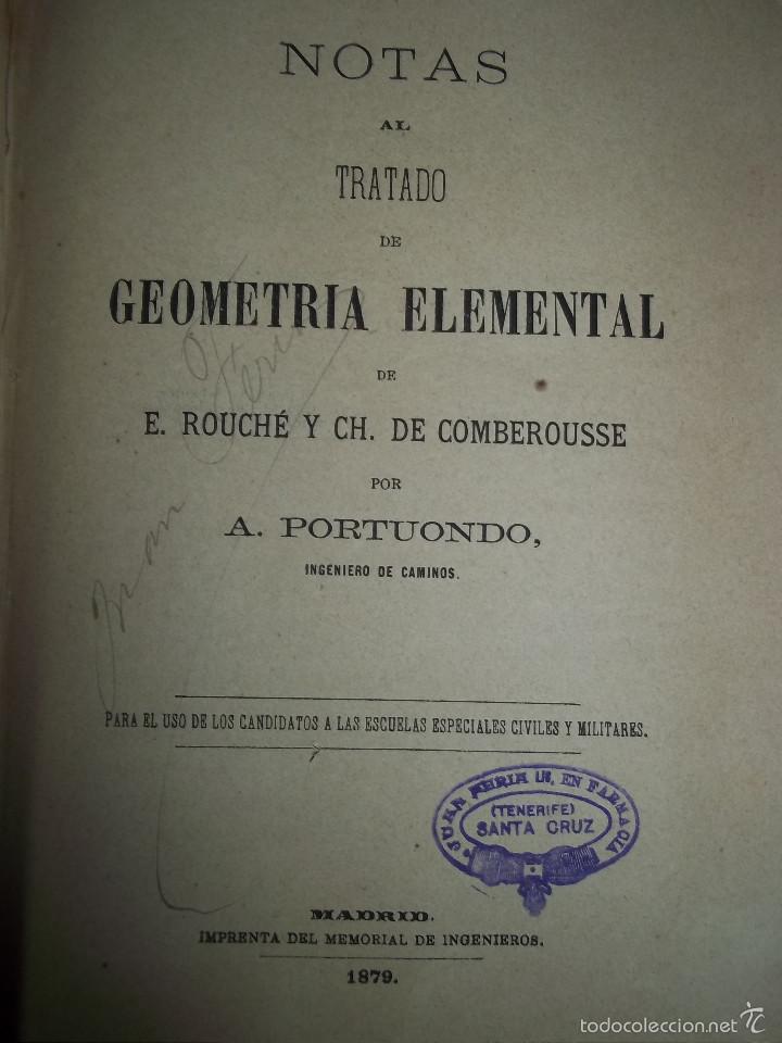Old books: ROUCH&Eacute; Y COMBEROUSSE, notas al tratado de Geometr&iacute;a elemental.1879.1&ordf;edic. SELLO TENERIFE.CANARIAS.
