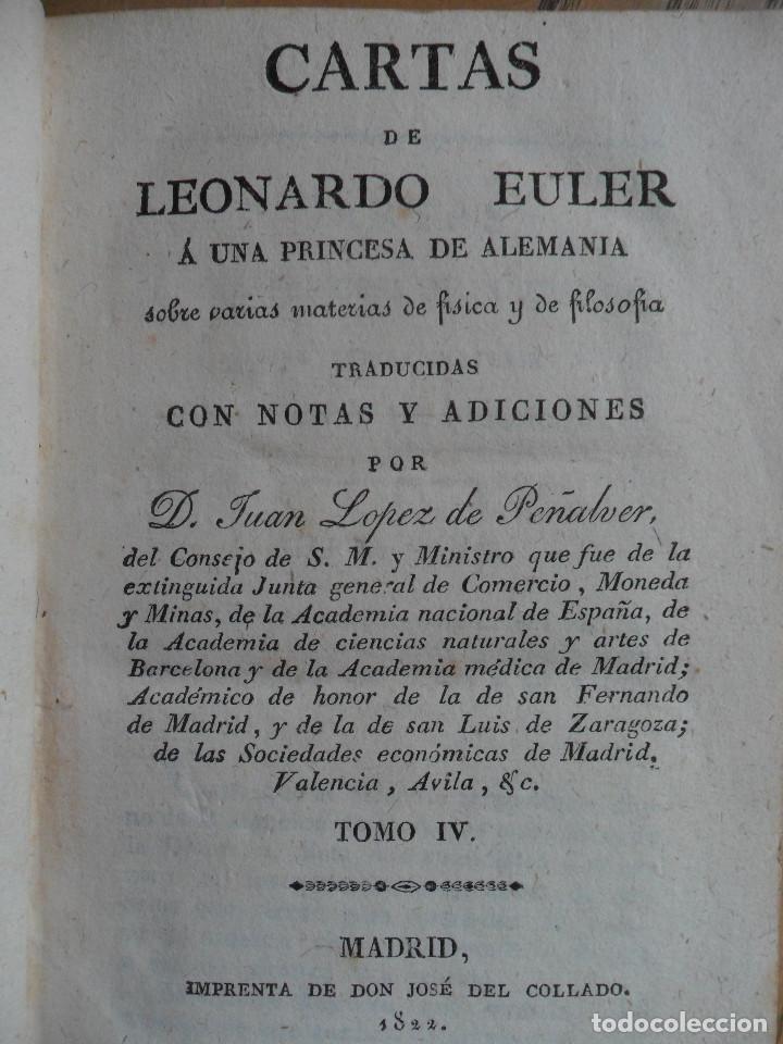 Libri antichi: Cartas de Leonardo Euler a una princesa alemana. Tomo IV. Impr. Jos&eacute; del Collado. Madrid, 1822