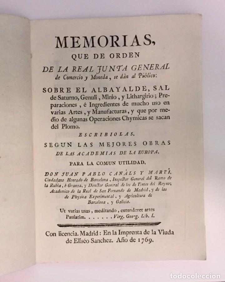 Libri antichi: Memorias... sobre el Albayalde, Sal de Saturno, Genuli, Minio...- CANALS Y MARTI, Juan Pablo (1709)