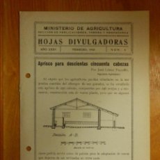 Libros antiguos: HOJAS DIVULGADORAS MINISTERIO AGRICULTURA 1943 Nº 6 AÑO XXXV - APRISCO PARA 250 CABEZAS