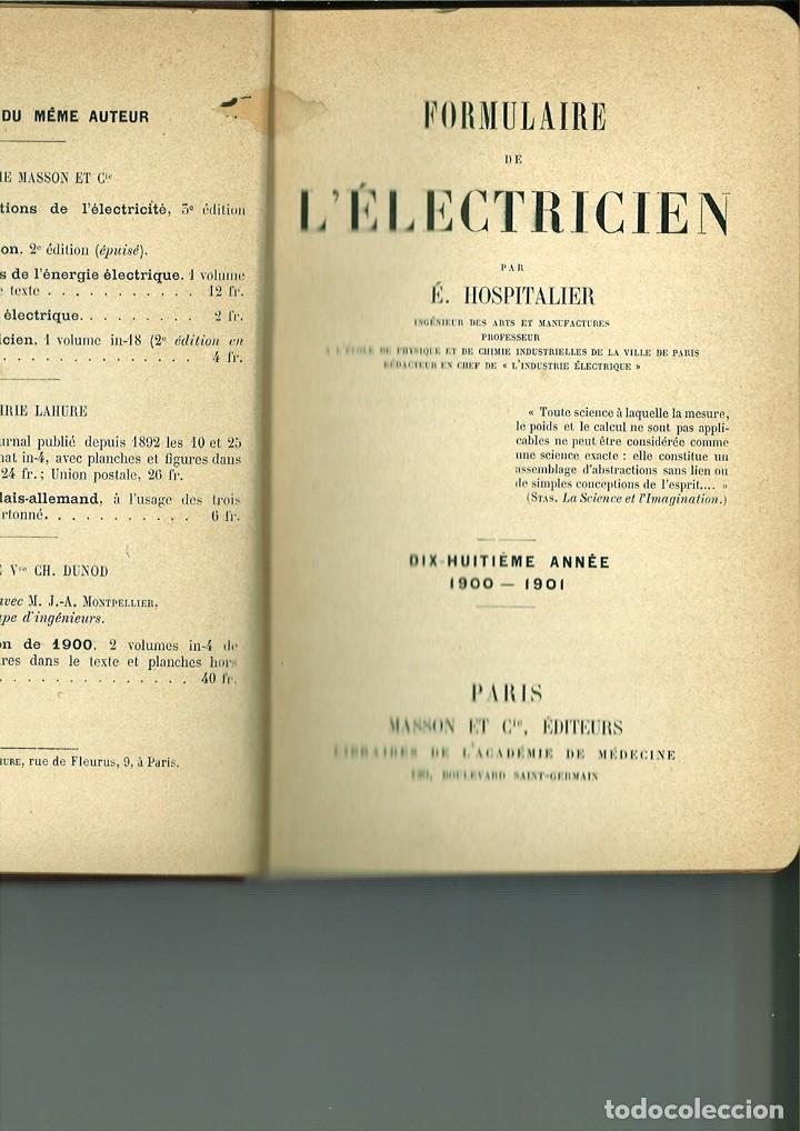 Libros antiguos: FORMULAIRE DE L&Eacute;LECTRICIEN. &Eacute;. Hospitalier - Foto 2