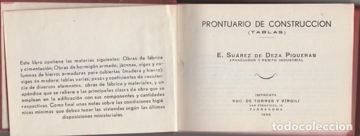Libros antiguos: Libro. Prontuario de Construcción (Tablas). Imprenta suc de Torres y Virgili, Tarragona. 1956. - Foto 2 - 129429735