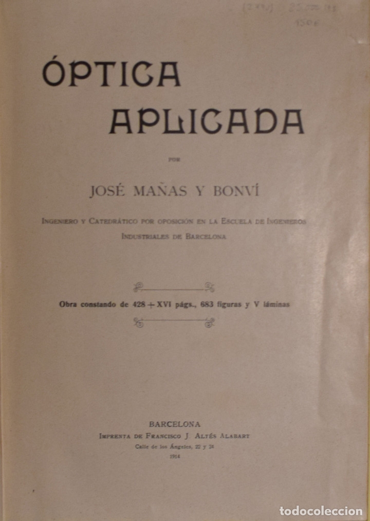 Libros antiguos: &Oacute;PTICA APLICADA - Jos&eacute; MA&Ntilde;AS Y BONV&Iacute; - Foto 1