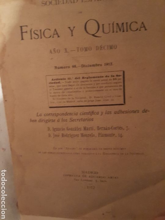 Antiquarische B&uuml;cher: SOCIEDAD DE FISICA Y QUIMICA. VOLUMEN 10. 1912. RARISIMO