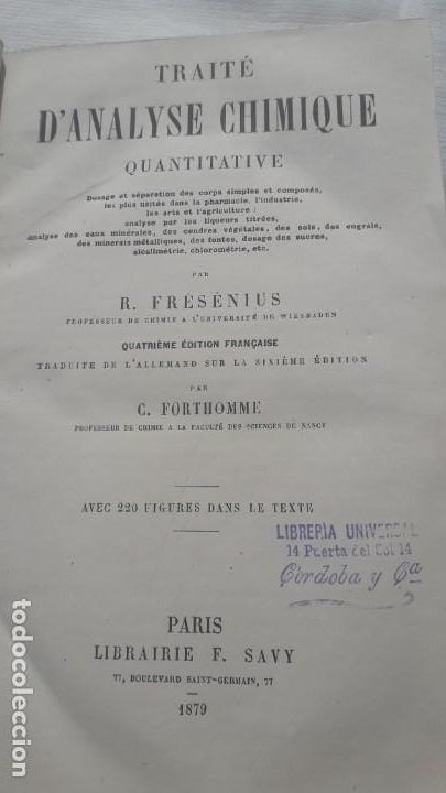 Libros antiguos: Trait&eacute; d analyse chimique quantitative 1879 - Foto 1