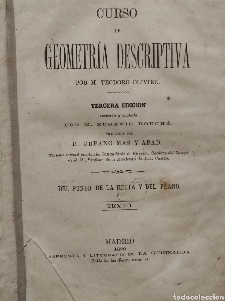 Libros antiguos: 1879. Curso de geometria descriptiva, Teodoro Olivier, - Foto 1