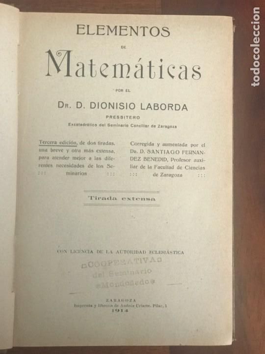 Libros antiguos: Dionisio Laborda. Elementos de Mat&eacute;m&aacute;ticas - Foto 4