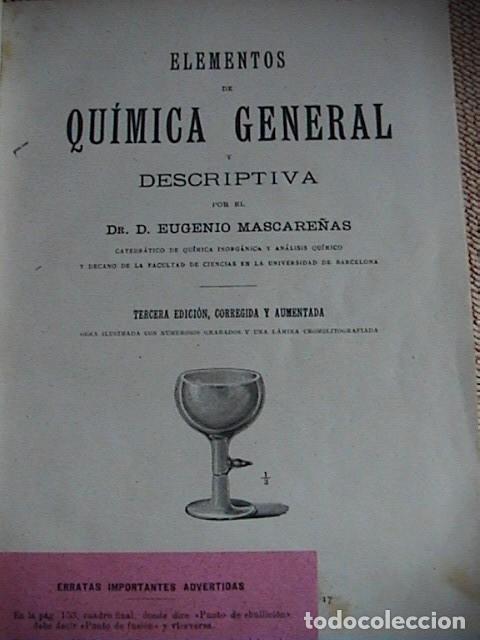 Libros antiguos: ELEMENTOS DE QUIMICA GENERAL Y DESCRIPTIVA Mascare&ntilde;as 1921 - Foto 1