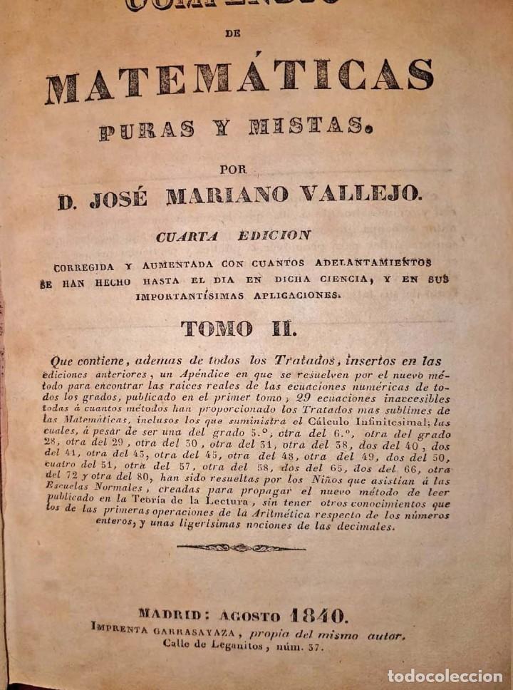 Libros antiguos: COMPENDIO DE MATEM&Aacute;TICAS VALLEJO EN ESPA&Ntilde;OL 1840 - Foto 1