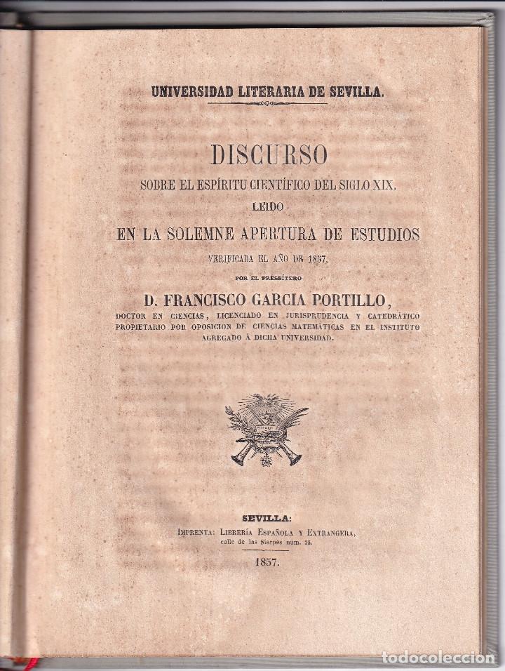 Libri antichi: ESPIRITU CIENTIFICO DEL SIGLO XIX UNIVERSIDAD DE SEVILLA 1857