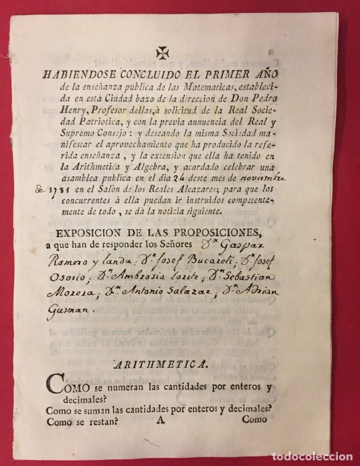 Old books: ARITMETICA 1785 EXPOSICION DE PROPOSICIONES. GASPAR ROMERO Y LANDA, J. BUCARELI, OSORIO, LORITE