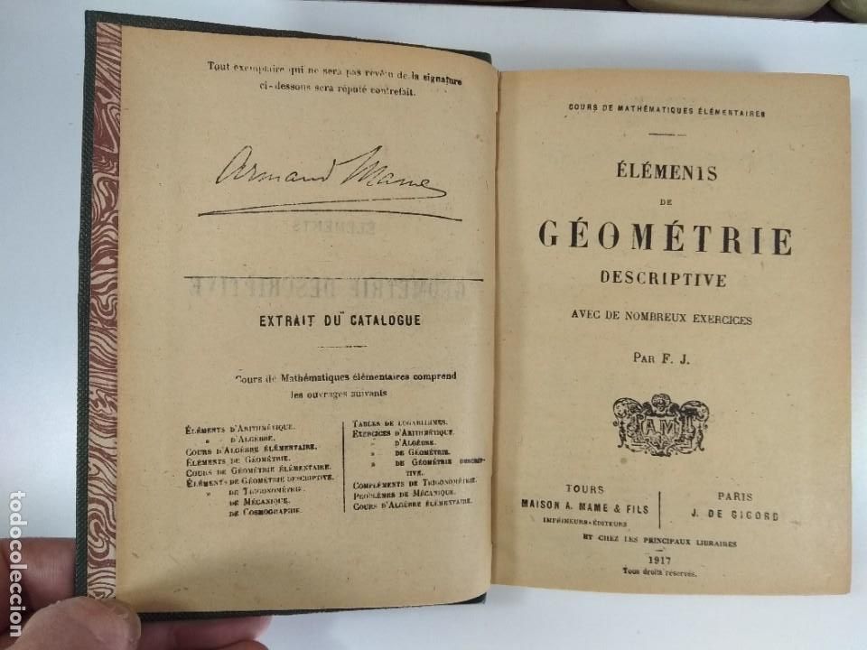 Libros antiguos: COURS DE MATH&Eacute;MATIQUES &Eacute;L&Eacute;MENTAIRES. &Eacute;L&Eacute;MENTS DE G&Eacute;OM&Eacute;TRIE DESCRIPTIVE... 1917 - Foto 3
