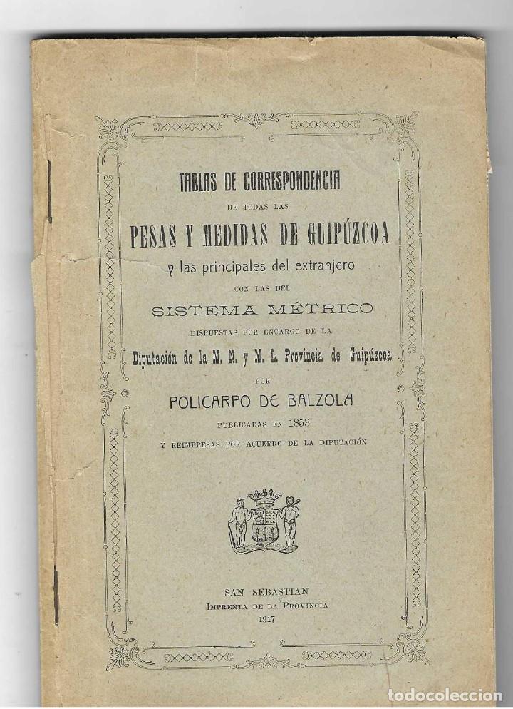 Libros antiguos: TABLAS DE CORRESPONDENCIA DE TODAS LAS PESAS Y MEDIDAS DE GUIPUZCOA POLICARPO DE BALZOLA