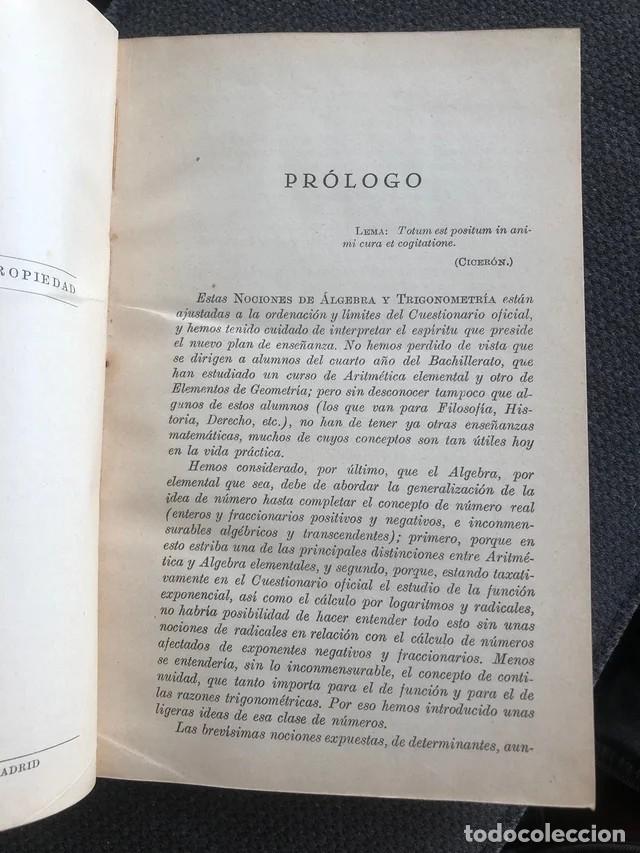 Libros antiguos: Nociones de &aacute;lgebra y trigonometr&iacute;a - Foto 2