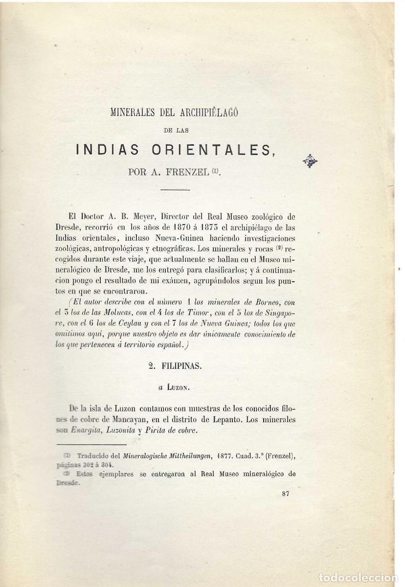 Libros antiguos: FILIPINAS. MINERALES DEL ARCHIPI&Eacute;LAGO DE LAS INDIAS ORIENTALES. A. FRENZEL. 1879