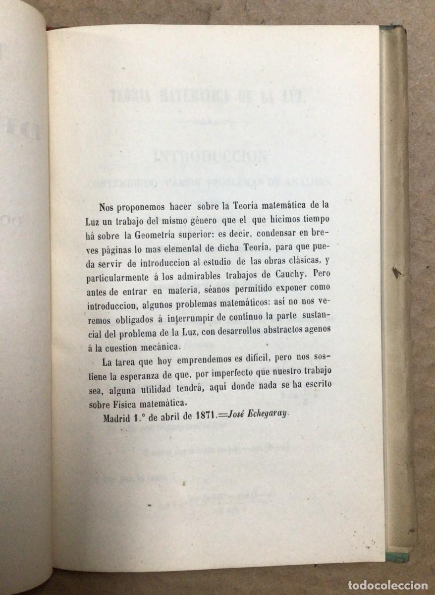 Libros antiguos: JOS&Eacute; ECHEGARAY - TEOR&Iacute;A MATEM&Aacute;TICA DE LA LUZ - 1871 - Foto 2