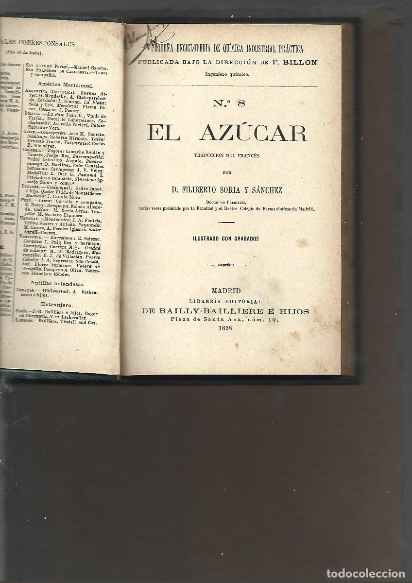 Libros antiguos: SORIA Y SANCHEZ,, EL AZUCAR, Bailly Bailliere, 1898 - Foto 1