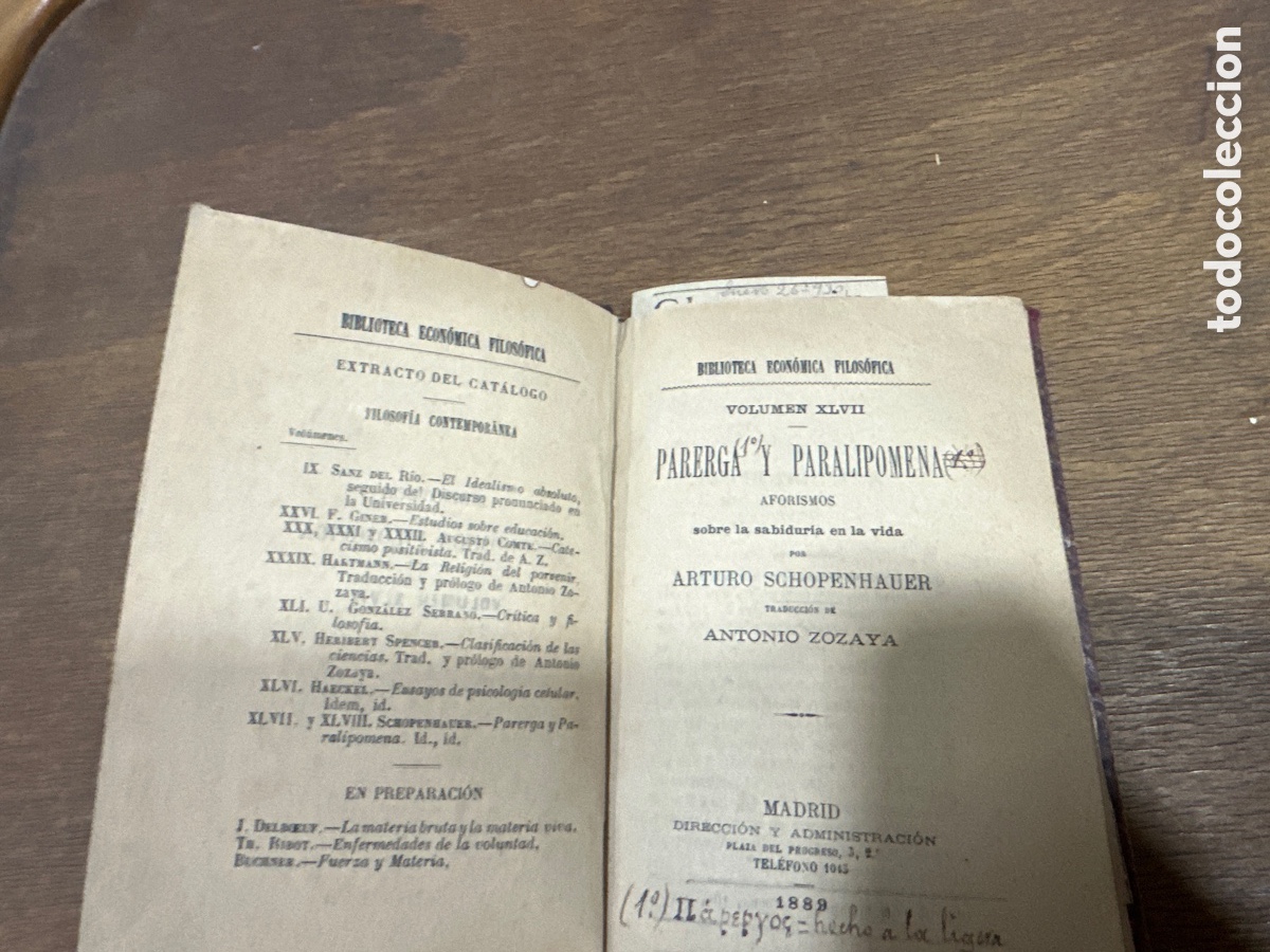 Libros antiguos: Parerga y parilipomena Arturo Schopenahuer - Foto 1