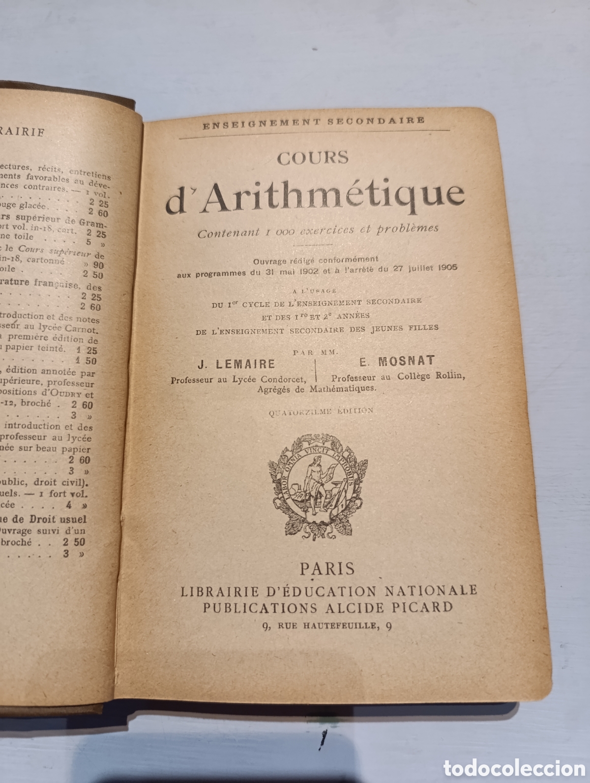 Libros antiguos: COURS dArithm&eacute;tique. J. Lemaire y E. MOSNAT. Paris - Foto 1