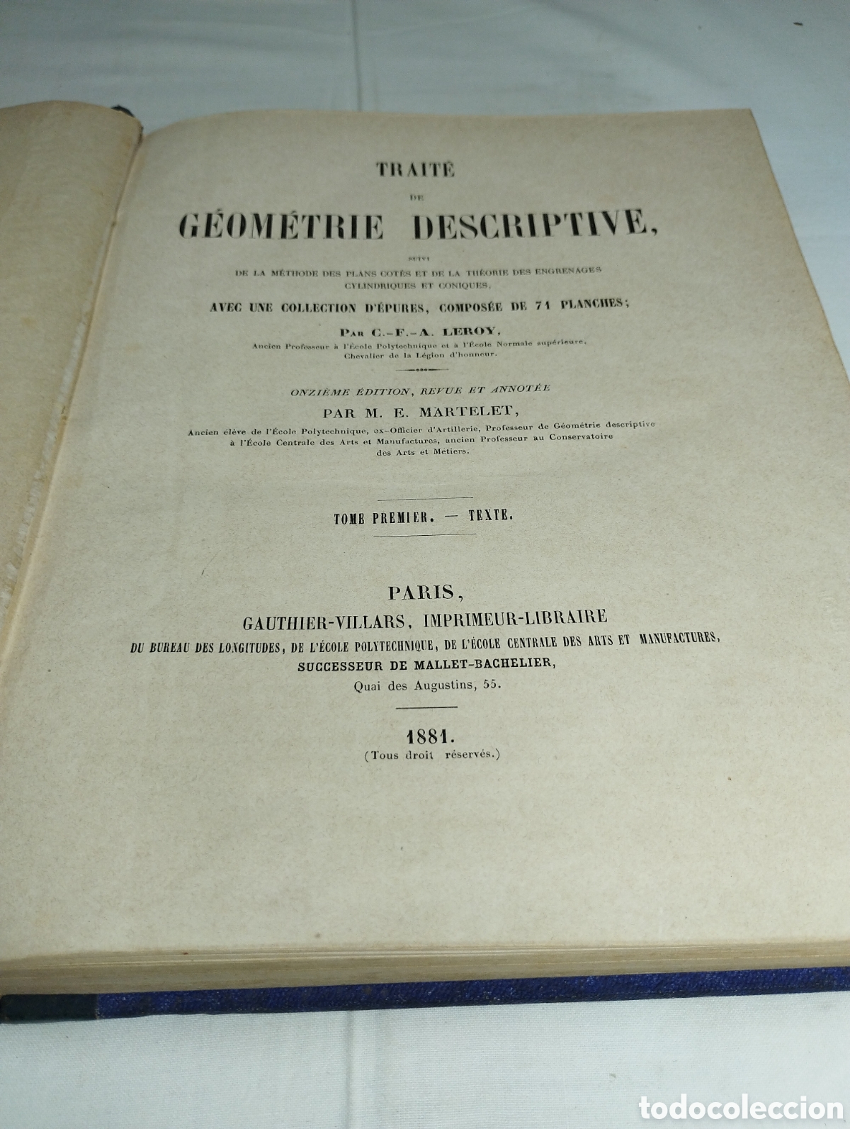 Libros antiguos: Trait&eacute; de g&eacute;om&eacute;trie descriptive. M.E. Martelet, 1881 - Foto 2