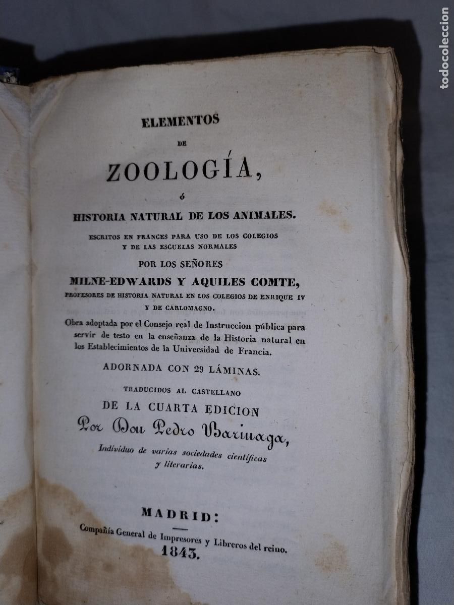 Libros antiguos: ELEMENTOS DE ZOOLOGIA - A&Ntilde;O 1843 - EDWARDS-COMTE - LAMINAS. - Foto 1