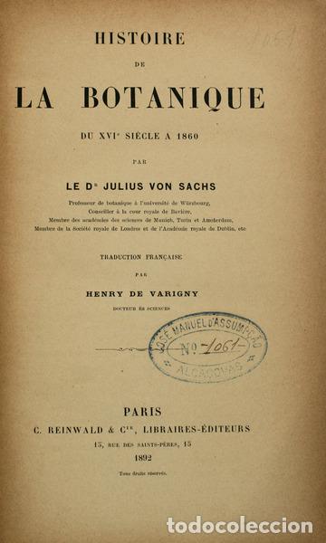Libros antiguos: SACHS. (Julius von) - HISTOIRE DE LA BOTANIQUE. - Foto 1
