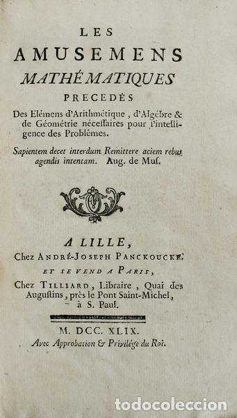 Libros antiguos: PANCKOUCKE. (Andr&eacute;-Joseph) - LES AMUSEMENS MATH&Eacute;MATIQUES - Foto 1
