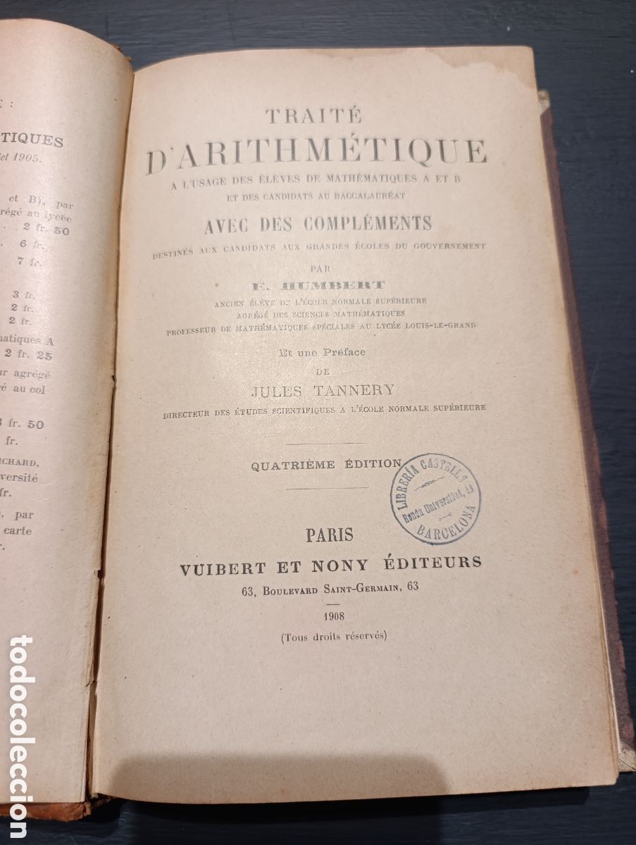 Libros antiguos: TRAIT&Eacute; D'ARITHMETIQUE. PAR E. HUMBERT. Paris 1908