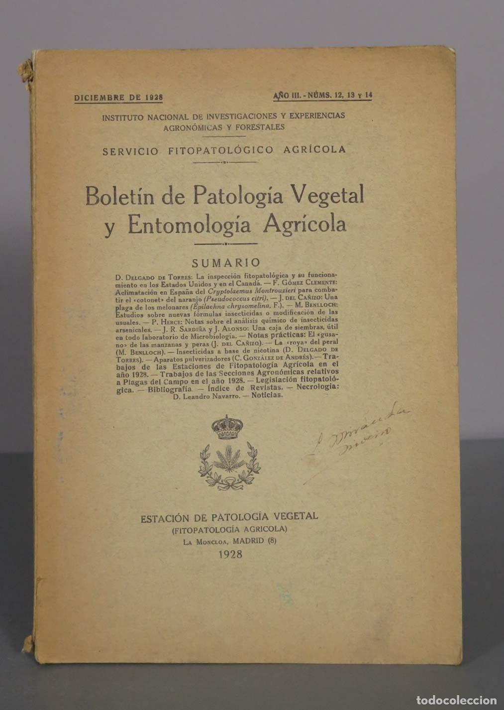 Libros antiguos: Bolet&iacute;n de Patolog&iacute;a Vegetal y Entomolog&iacute;a Agr&iacute;cola 1928 A&Ntilde;O III N 12 13 14