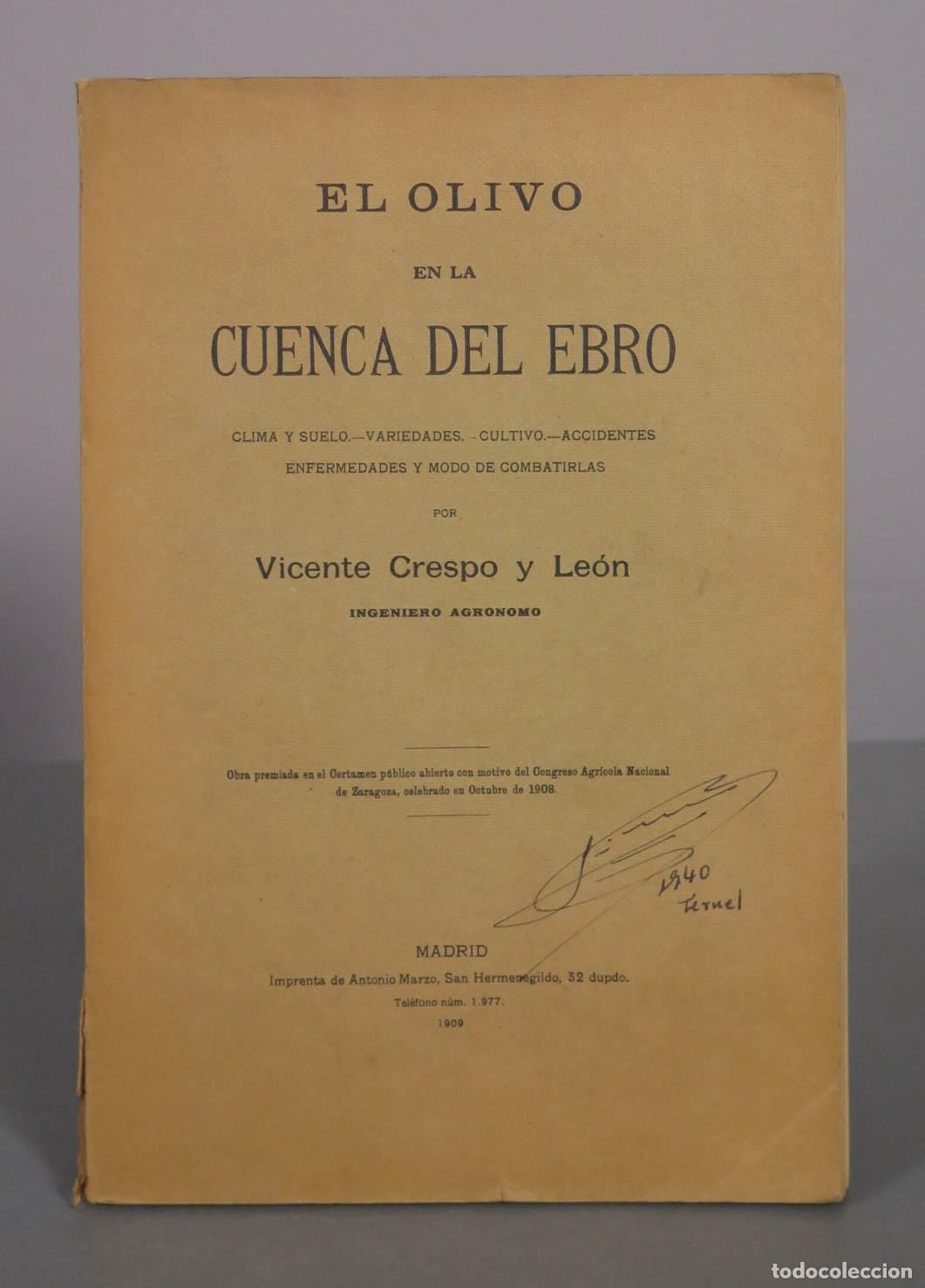 Libros antiguos: El Olivo en la Cuenca del Ebro - Vicente Crespo y Le&oacute;n - Imprenta de Antonio Marzo 1909