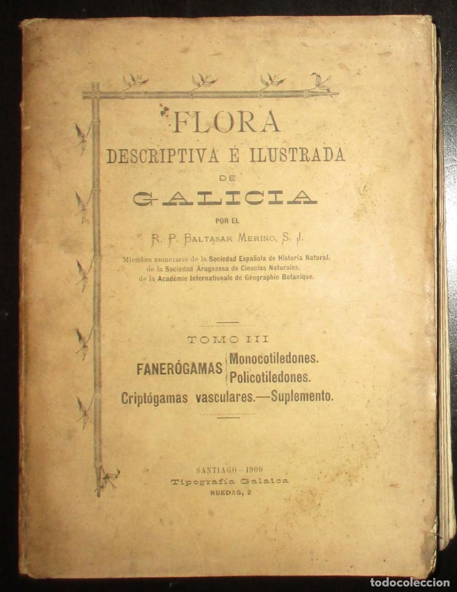 Libros antiguos: FLORA DESCRIPTIVA E ILUSTRADA DE GALICIA. TOMO III. BALTASAR MERINO, 1909. FIRMA Y DEDICATORIA.