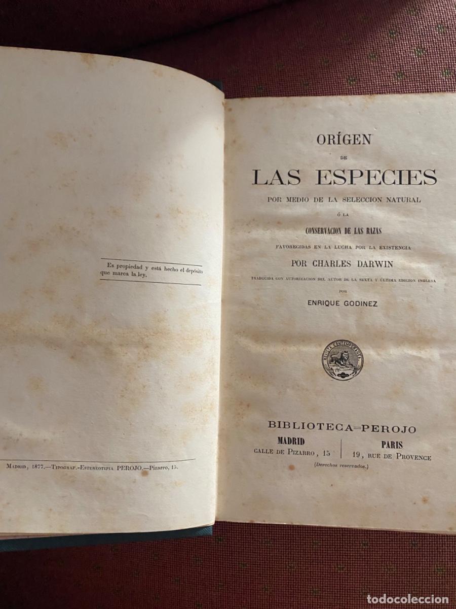 Libros antiguos: Libro primera edici&oacute;n castellano de Origen de las especies C. Darwin