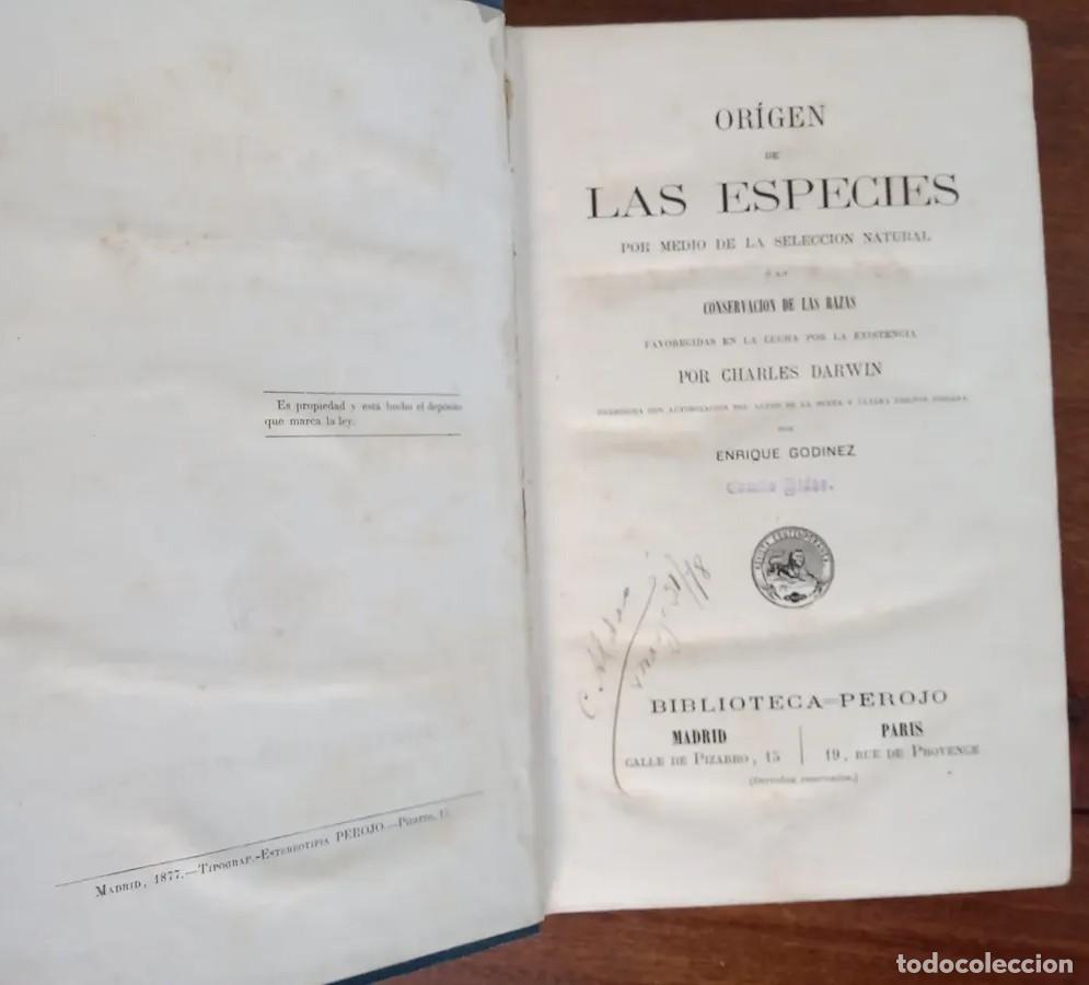 Libros antiguos: Origen De Las Especies - Darwin Primera edicion en espa&ntilde;ol 1877 envio gratis perojo