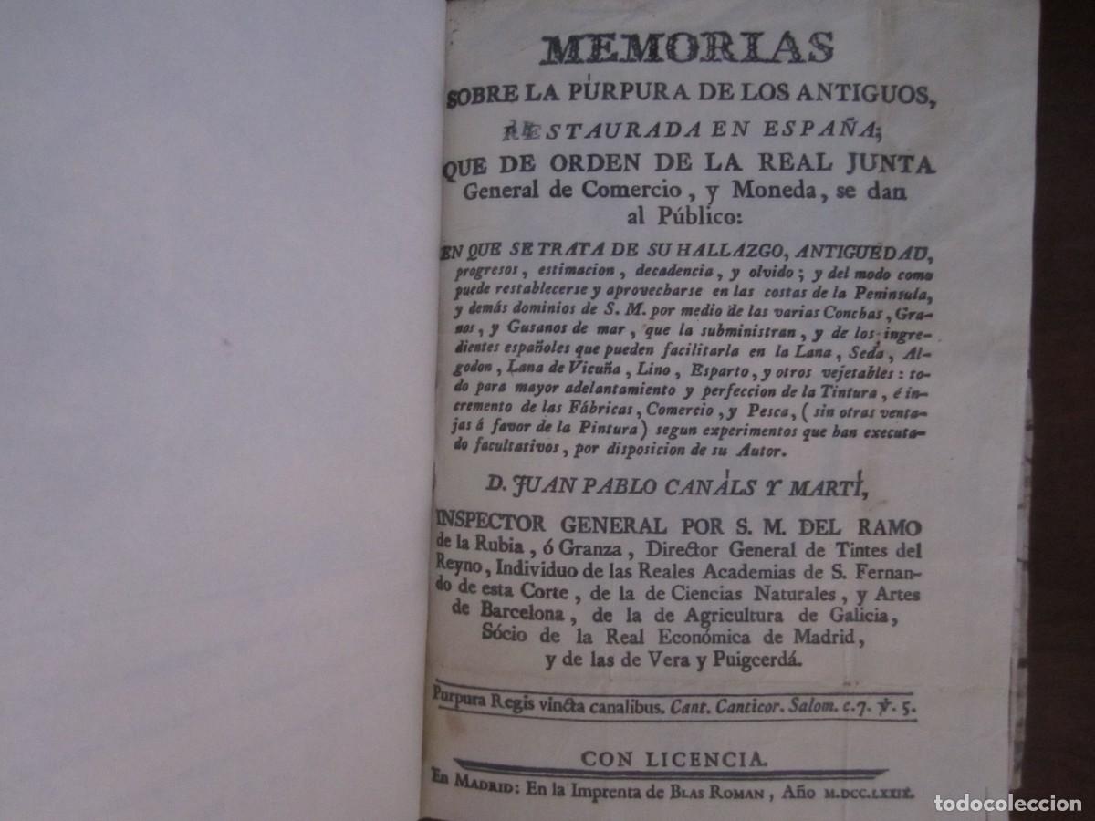 Libros antiguos: MEMORIAS SOBRE LA PURPURA DE LOS ANTIGUOS JUAN PABLO CANALS Y MARTI 1779 MADRID
