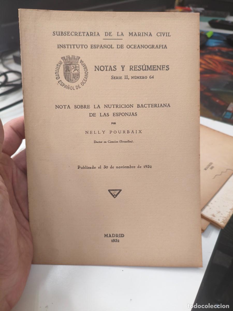 Libros antiguos: Notas sobre la nutrici&oacute;n bacteriana de las esponjas. Nelly Pourbaix. Oceanograf&iacute;a.