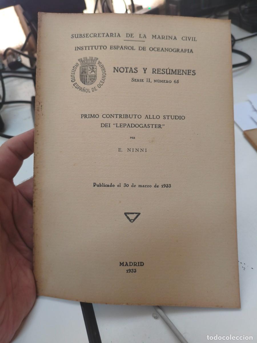 Libros antiguos: Primo contributo allo studio dei Lepagogaster. E. Ninni. Instituto espa&ntilde;ol de oceanograf&iacute;a. 1933.