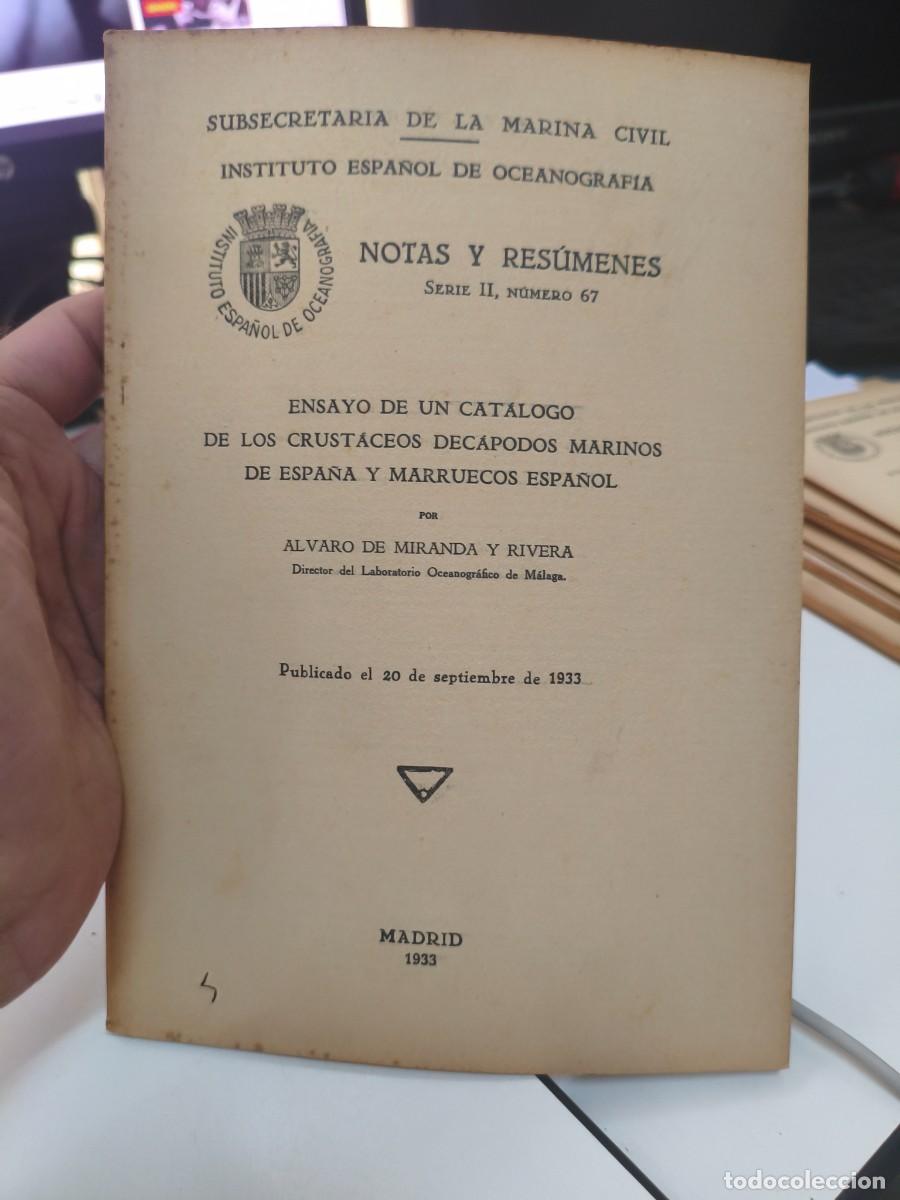 Libros antiguos: Ensayo cat&aacute;logo crust&aacute;ceos dec&aacute;podos marinos de Espa&ntilde;a y Marruecos. &Aacute;lvaro Miranda. Oceanograf&iacute;a..