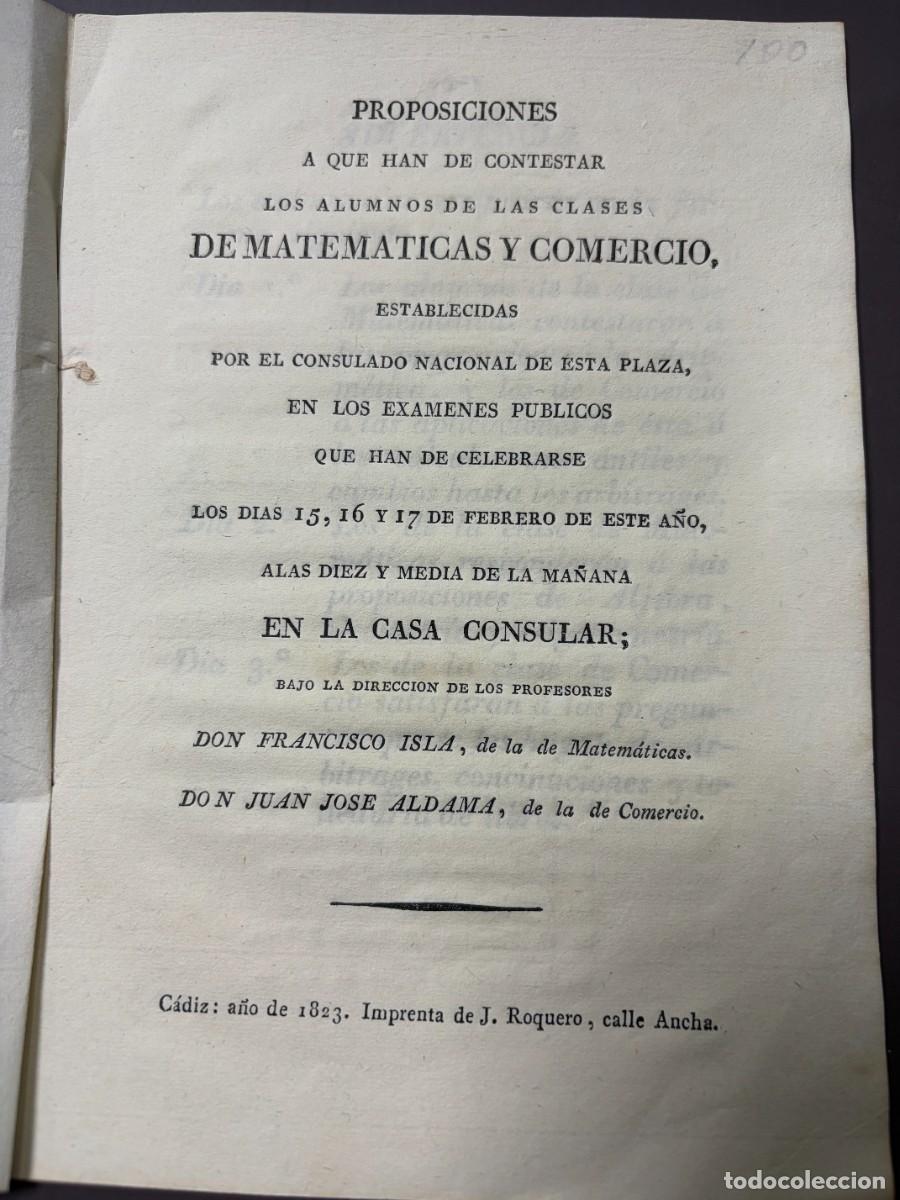 Libros antiguos: PROPOSICIONES DE MATEM&Aacute;TICAS Y COMERCIO. CASA CONSULAR. IMP. J. ROQUERO. C&Aacute;DIZ, 1823