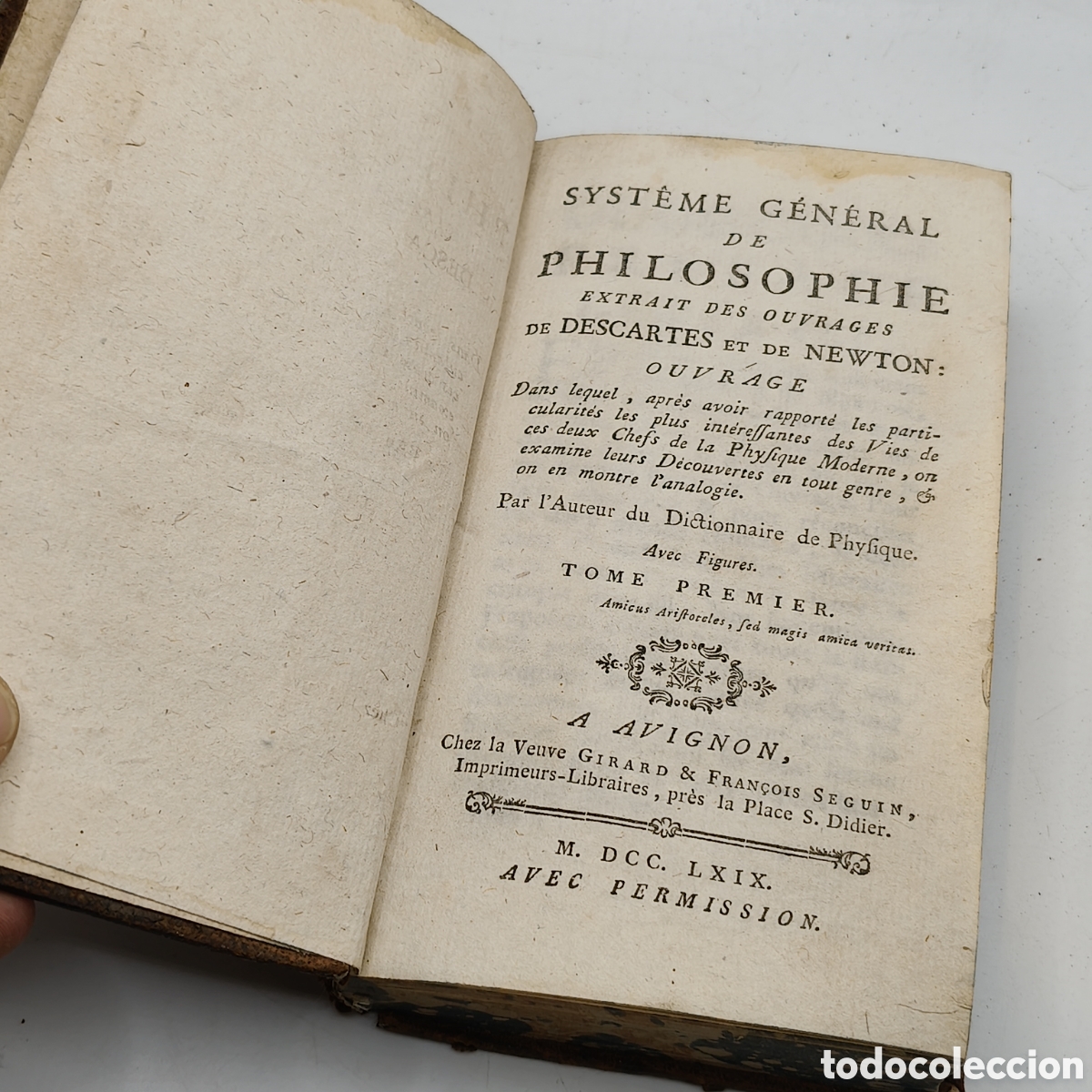 Libros antiguos: Libro 1769 Syst&egrave;me G&eacute;n&eacute;ral de Philosophie(Descartes / Newton)-A. H. Paulian -Tomo I Avi&ntilde;&oacute;n + L&aacute;minas
