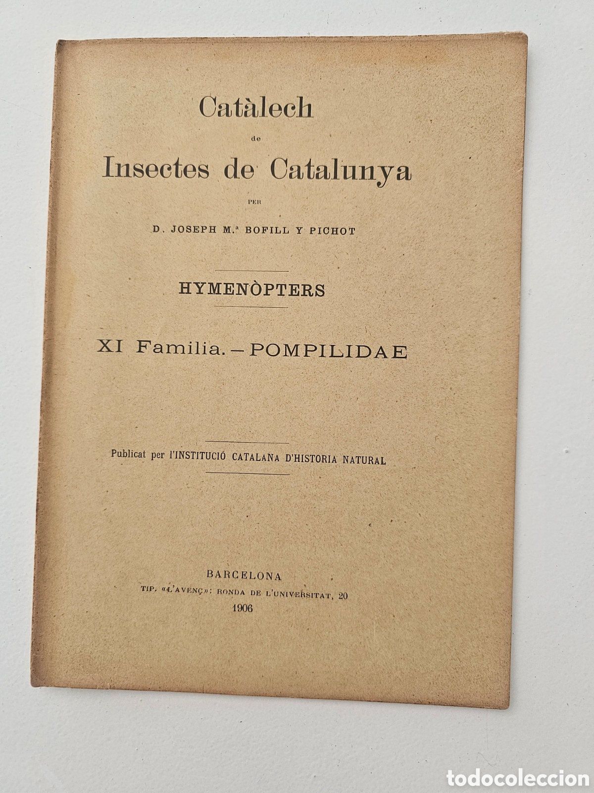 Libros antiguos: ​Antiguo Folleto Antomolog&iacute;a 1906: &rdquo;Cat&agrave;lech de Insectes de Catalunya&rdquo; &ndash; Joseph M.&ordf; Bofill y Pichot