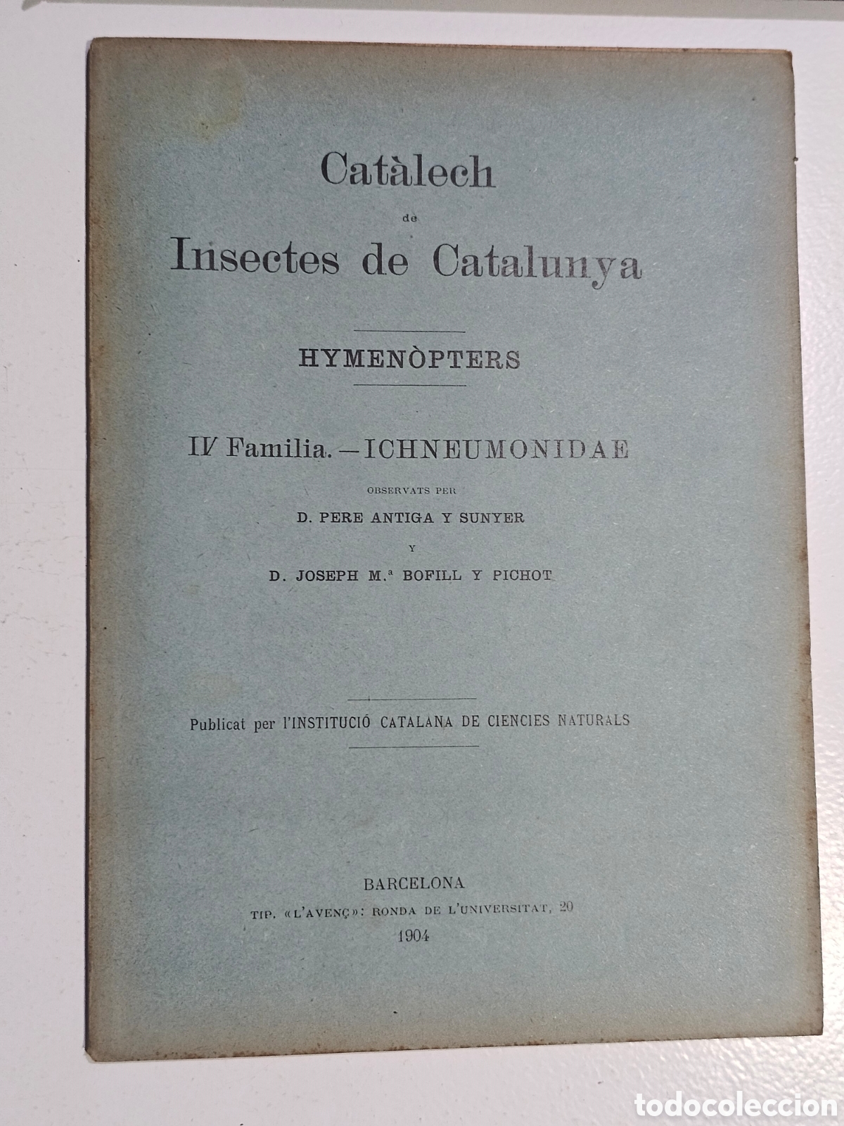 Livres anciens: ​Libro Antiguo (1904): Cat&agrave;lech de Insectes de Catalunya - Hymen&ograve;pters IV (Ichneumonidae)