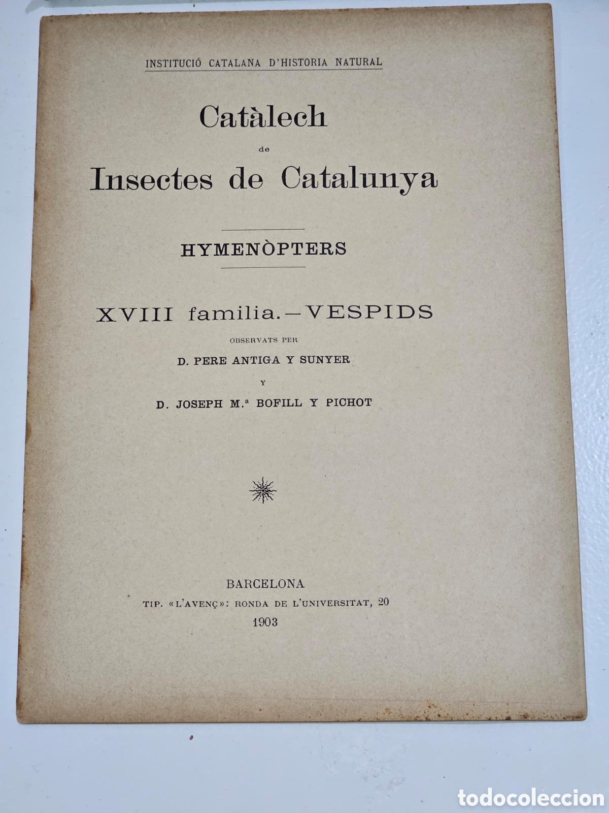 Libros antiguos: Cat&agrave;lech de Insectes de Catalunya. Hymen&ograve;pters: Vespids. P. Antiga / J. M. Bofill. Barcelona, 1903.
