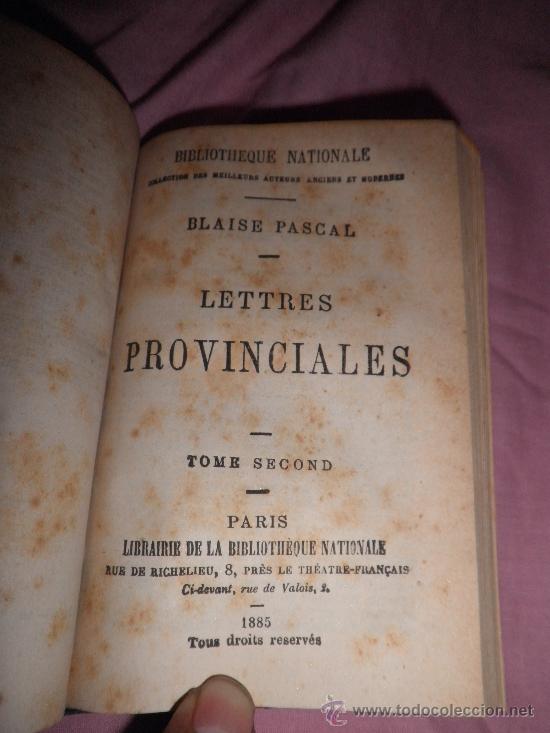 Libros antiguos: LETTRES PROVINCIALES - BLAISE PASCAL - A&Ntilde;O 1884 - EN PIEL. - Foto 4