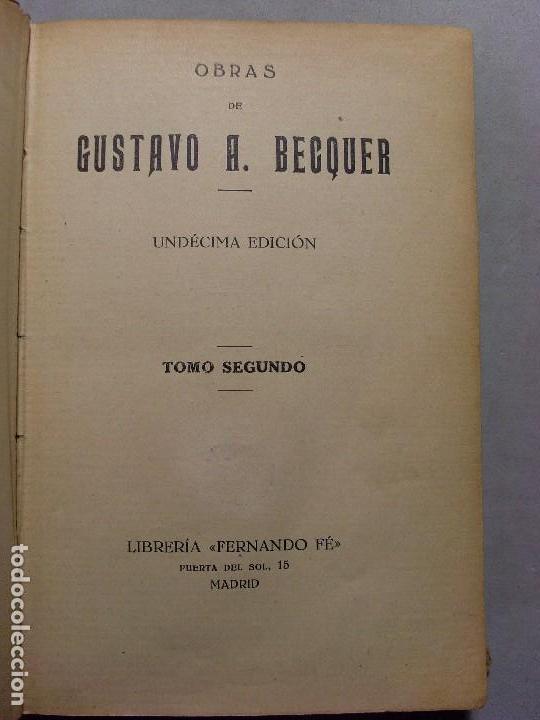 Libros antiguos: OBRAS DE GUSTAVO A. BECQUER / Tomo II / Und&eacute;cima edici&oacute;n - Foto 2