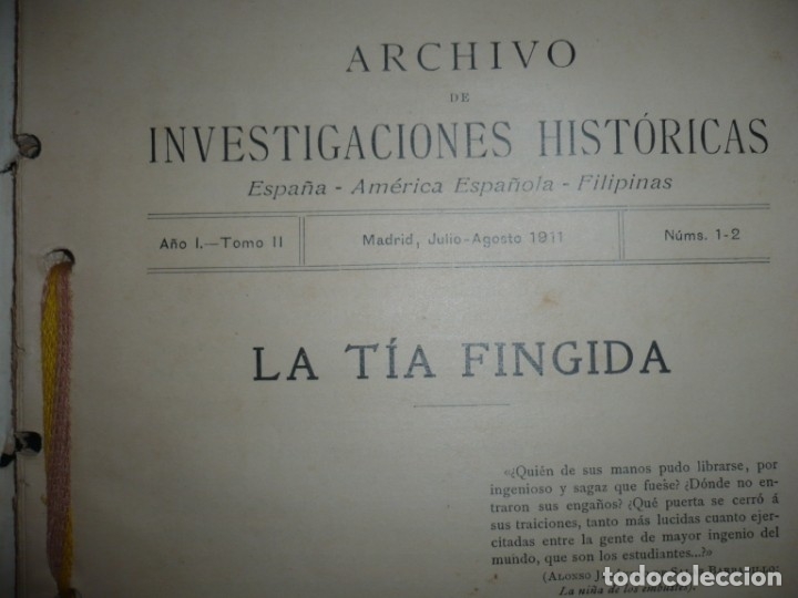 Livres anciens: LA TIA FINGIDA -ARCHIVO DE INVESTIGACIONES HISTORICAS -ADOLFO BONILLA Y SAN MARTIN 1911 MADRID