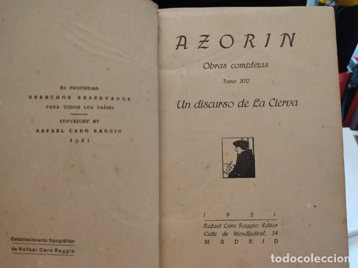 Libros antiguos: AZOR&Iacute;N/ OBRAS COMPLETAS/ UN DISCURSO DE LA CIERVA 1921 - Foto 2