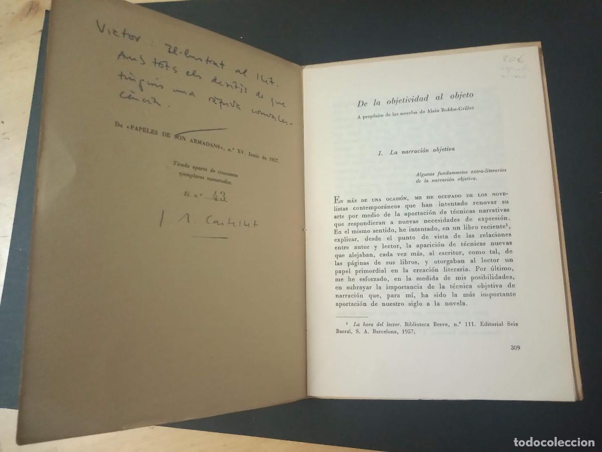 Libros antiguos: DE LA OBJETIVIDAD AL OBJETO. CASTELLET, J.M. Separata numerada Son Armadans. Dedicada a V&iacute;ctor Seix - Foto 2